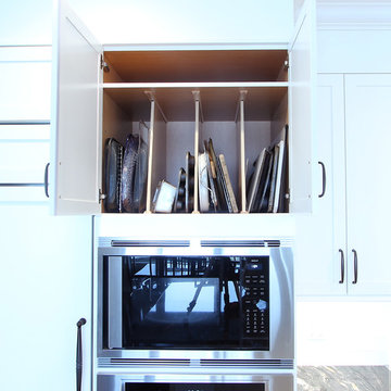 White Transitional Kitchen with White Glass Backsplash & Professional Appliances