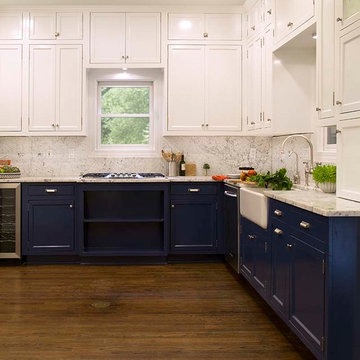 White Upper and Dark Blue Lower Cabinets in a Fantastic Kitchen