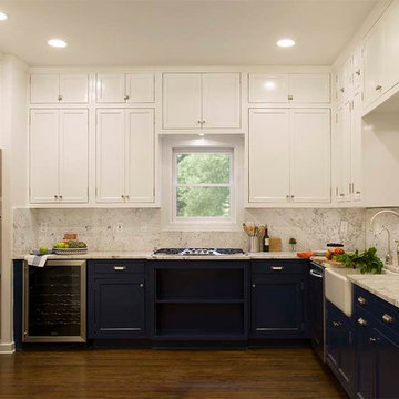 White Upper and Dark Blue Lower Cabinets in a Fantastic Kitchen