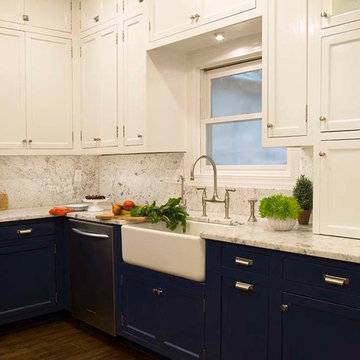 White Upper and Dark Blue Lower Cabinets in a Fantastic Kitchen