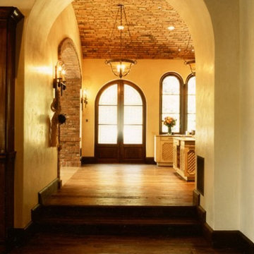 Wide Plank, Reclaimed, Rustic Floors in Entry to Kitchen in Tuscan Villa