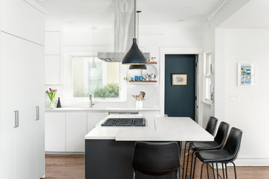 На фото: кухня в стиле модернизм с плоскими фасадами, белыми фасадами и островом с