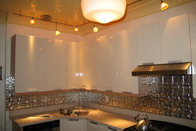 トロントにある小さなエクレクティックスタイルのおしゃれなキッチン (アンダーカウンターシンク、フラットパネル扉のキャビネット、白いキャビネット、メタリックのキッチンパネル、黒い調理設備) の写真