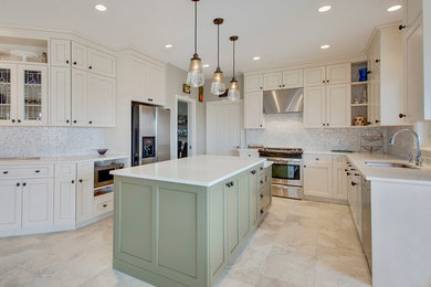 Transitional u-shaped ceramic tile eat-in kitchen photo in Calgary with a double-bowl sink, shaker cabinets, white cabinets, quartz countertops, white backsplash, matchstick tile backsplash, stainless steel appliances and an island