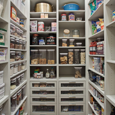 Example of a mid-sized classic u-shaped beige floor and travertine floor kitchen pantry design in Houston with open cabinets, gray cabinets and no island