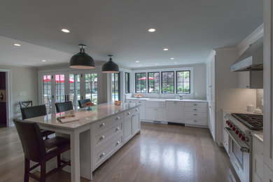 Inspiration for a timeless u-shaped medium tone wood floor kitchen remodel in Boston with a farmhouse sink, recessed-panel cabinets, white cabinets, quartz countertops, blue backsplash, glass tile backsplash, stainless steel appliances and an island