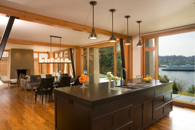 Пример оригинального дизайна: кухня-гостиная в современном стиле с темными деревянными фасадами