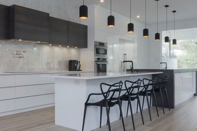 Moderne Küche mit hellem Holzboden in Ottawa