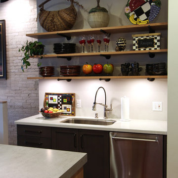 Wood Floating Shelves above Sink Adds Industrial Feeling to Kitchen