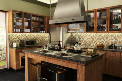 Kitchen pantry - small modern l-shaped porcelain tile kitchen pantry idea in Other with a double-bowl sink, flat-panel cabinets, light wood cabinets, granite countertops, brown backsplash, ceramic backsplash, stainless steel appliances and an island