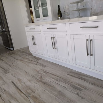 wood look grey porcelain with white kitchen