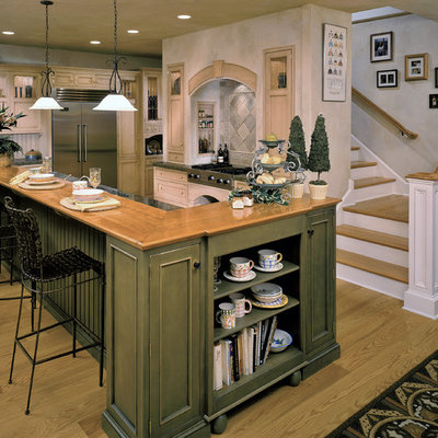 Mountain style kitchen photo in New York with an undermount sink, beaded inset cabinets, green cabinets, wood countertops, stone tile backsplash and stainless steel appliances
