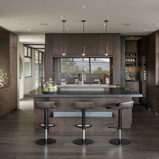 Design ideas for a midcentury kitchen in Orange County with flat-panel cabinets, dark wood cabinets, with island, brown splashback, glass sheet splashback, dark hardwood floors, brown floor and black benchtop.