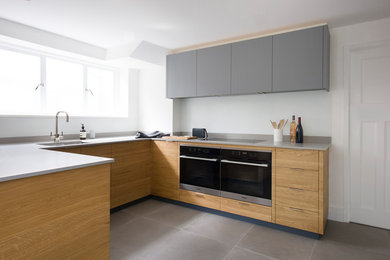 Cette image montre une grande cuisine minimaliste.