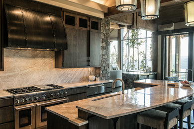 Example of a mid-sized transitional l-shaped dark wood floor and brown floor open concept kitchen design in Other with quartzite countertops, stone slab backsplash, an island, an undermount sink, flat-panel cabinets, dark wood cabinets, beige backsplash and stainless steel appliances