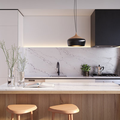 Trendy galley open concept kitchen photo in Melbourne with a drop-in sink, flat-panel cabinets, white cabinets, white backsplash, marble backsplash, black appliances and an island