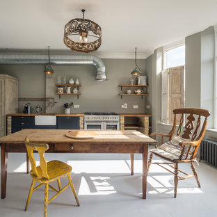 Idee per una grande cucina industriale con lavello stile country, nessuna isola, nessun'anta e elettrodomestici in acciaio inossidabile