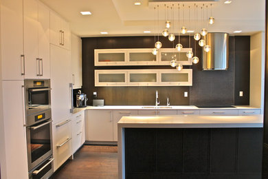 Example of a trendy l-shaped kitchen design in Toronto with flat-panel cabinets, white cabinets, black backsplash and paneled appliances