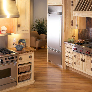 Zebra wood counters and basket weaved cabinets
