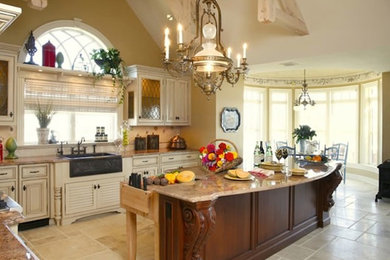 Example of a mid-sized classic l-shaped porcelain tile and beige floor eat-in kitchen design in New York with granite countertops, an island, a farmhouse sink, raised-panel cabinets and beige cabinets