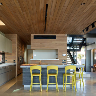 Design ideas for a contemporary open plan kitchen in Sunshine Coast with flat-panel cabinets, beige cabinets, window splashback, panelled appliances, with island, beige floor and white benchtop.