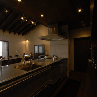 Mid-sized asian open concept kitchen ideas - Mid-sized zen single-wall dark wood floor and brown floor open concept kitchen photo in Osaka with stainless steel cabinets, stainless steel countertops and an island