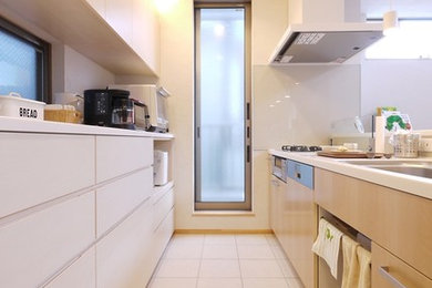 Пример оригинального дизайна: кухня в стиле модернизм с одинарной мойкой и полом из терракотовой плитки