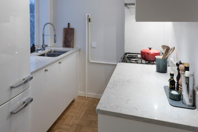 Imagen de cocina nórdica de tamaño medio con armarios con paneles lisos, puertas de armario grises, encimera de cuarzo compacto y encimeras grises