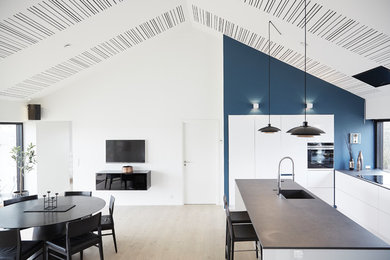 Inspiration for a large contemporary kitchen in Aarhus with light hardwood flooring.