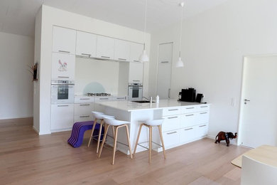 Imagen de cocina comedor minimalista de tamaño medio con armarios con paneles lisos y una isla