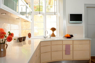 Immagine di una cucina lineare nordica di medie dimensioni con lavello a vasca singola e paraspruzzi beige