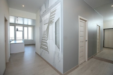 Свежая идея для дизайна: коридор среднего размера в современном стиле с полом из ламината - отличное фото интерьера