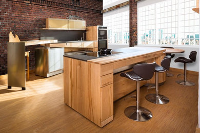 Offene Moderne Küche mit integriertem Waschbecken, flächenbündigen Schrankfronten, Rückwand aus Keramikfliesen und Kücheninsel in Sonstige