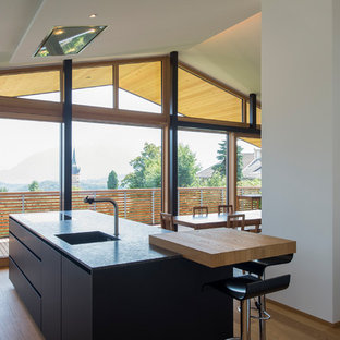 Immagine di una cucina moderna con lavello sottopiano, ante lisce, ante nere, elettrodomestici da incasso, pavimento in legno massello medio, isola, pavimento marrone e top nero
