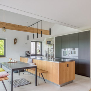 Zweizeilige, Offene Moderne Küche mit Unterbauwaschbecken, flächenbündigen Schrankfronten, Halbinsel, grauem Boden, grauer Arbeitsplatte, freigelegten Dachbalken, gewölbter Decke, grauen Schränken und weißen Elektrogeräten in München