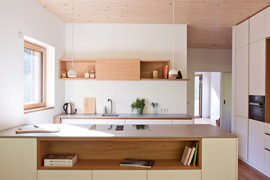 ライプツィヒにある広いコンテンポラリースタイルのおしゃれなキッチン (フラットパネル扉のキャビネット、白いキャビネット、黒い調理設備、無垢フローリング、グレーのキッチンカウンター) の写真