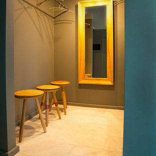 Inspiration for a large contemporary open plan kitchen in Berlin with a single-bowl sink, medium wood cabinets, concrete benchtops, multi-coloured splashback, stainless steel appliances, marble floors and with island.