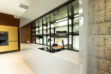 フランクフルトにあるラグジュアリーなコンテンポラリースタイルのおしゃれなダイニングキッチン (アンダーカウンターシンク、ガラス扉のキャビネット、グレーのキャビネット、大理石カウンター、白いキッチンカウンター) の写真