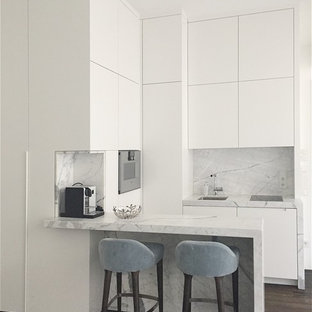 Ispirazione per una piccola cucina minimalista con lavello da incasso, ante lisce, ante bianche, top in marmo, paraspruzzi multicolore, paraspruzzi in lastra di pietra, elettrodomestici neri, parquet scuro e top grigio
