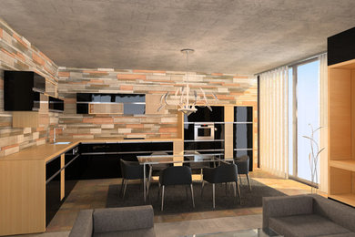 Moderne Küche mit schwarzen Schränken, Arbeitsplatte aus Holz und Rückwand aus Steinfliesen in Sonstige