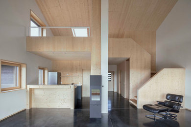 Offene, Mittelgroße Moderne Küche in U-Form mit Linoleum, Kücheninsel, grünem Boden und Holzdecke in Stuttgart