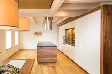 Moderne Wohnküche mit flächenbündigen Schrankfronten, weißen Schränken, Granit-Arbeitsplatte, Küchengeräten aus Edelstahl und Kücheninsel in Sonstige