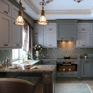 Inspiration for a mid-sized victorian u-shaped separate kitchen in Moscow with marble benchtops, stainless steel appliances, marble floors, beige floor, grey cabinets, green splashback, ceramic splashback, with island, an undermount sink and recessed-panel cabinets.