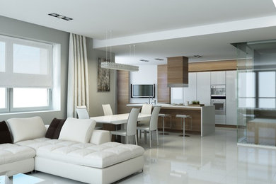 This is an example of a medium sized contemporary single-wall open plan kitchen in Moscow with a submerged sink, flat-panel cabinets, white cabinets, engineered stone countertops, stainless steel appliances, porcelain flooring and an island.