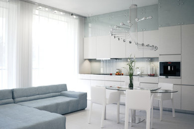 Design ideas for a medium sized contemporary single-wall open plan kitchen in Saint Petersburg with flat-panel cabinets, white cabinets, stainless steel worktops, white splashback, glass sheet splashback, no island and grey worktops.