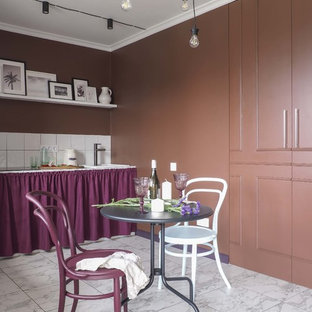 Contemporary open concept kitchen ideas - Trendy single-wall white floor open concept kitchen photo in Other with a drop-in sink, open cabinets, purple cabinets, tile countertops, white backsplash, ceramic backsplash and white countertops