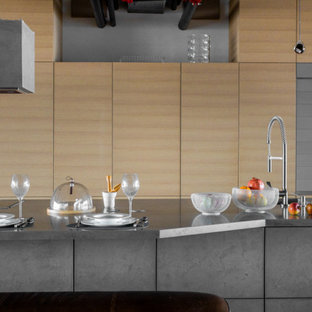 Inspiration for a large contemporary single-wall eat-in kitchen in Other with an undermount sink, flat-panel cabinets, grey cabinets, zinc benchtops, beige splashback, timber splashback, stainless steel appliances, medium hardwood floors, with island, brown floor and grey benchtop.