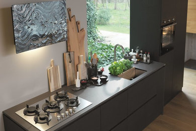На фото: прямая кухня среднего размера в современном стиле с одинарной мойкой с