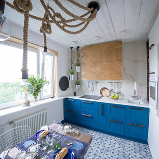 Inspiration for a mid-sized eclectic l-shaped separate kitchen in Moscow with an undermount sink, solid surface benchtops, white splashback, ceramic floors, no island, shaker cabinets, white appliances, stone slab splashback and multi-coloured floor.