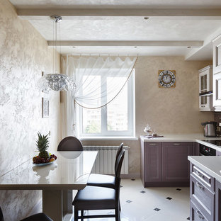 This is an example of a transitional separate kitchen in Saint Petersburg with a drop-in sink, recessed-panel cabinets, purple cabinets, mosaic tile splashback, black appliances, no island and white floor.